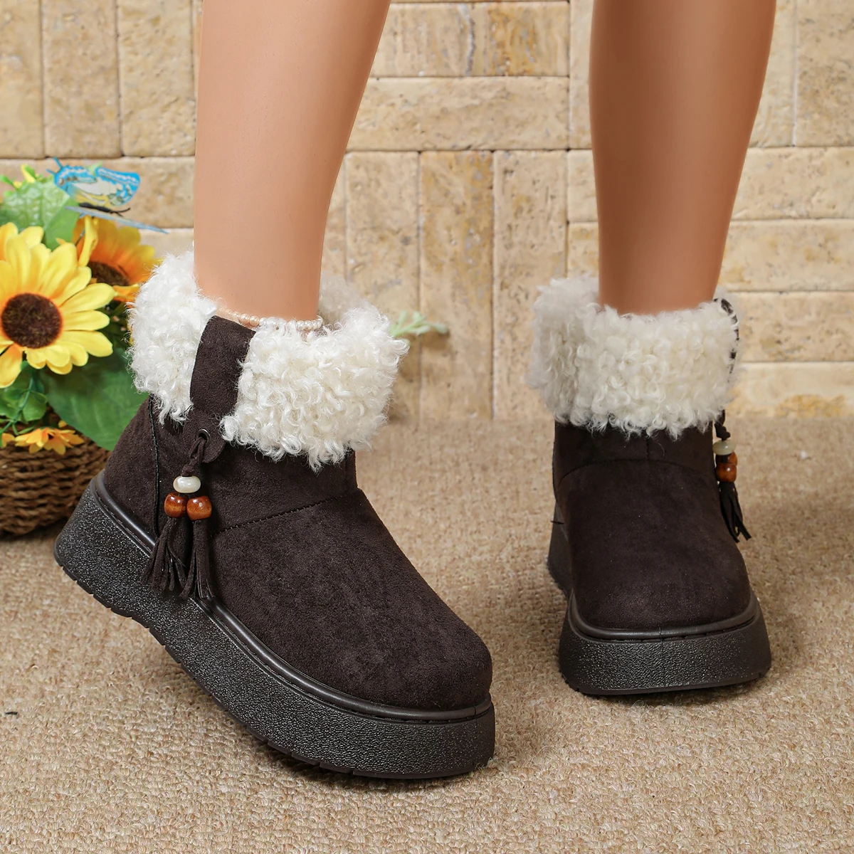 Women's Platform Snow Boots, Faux Fur Trim Ankle Boots with Tassel Bead Decor, Winter Warm Fleece Lined Non-slip Suede Short Boo