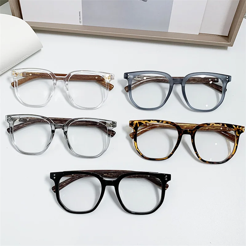 Seemfly Fashion Wood Grain Pattern Anti-blue Light Ladies Glasses Casual Retro Large Frame Myopia Eyewear With Diopter 0 to -6.0