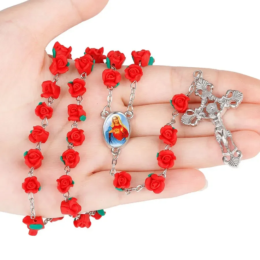 Religious Catholic Soft Clay Rose Rosary Necklace for Women Virgin Mary Crucifix Prayer Amulet Bead Sweater Chain Jewelry Gift