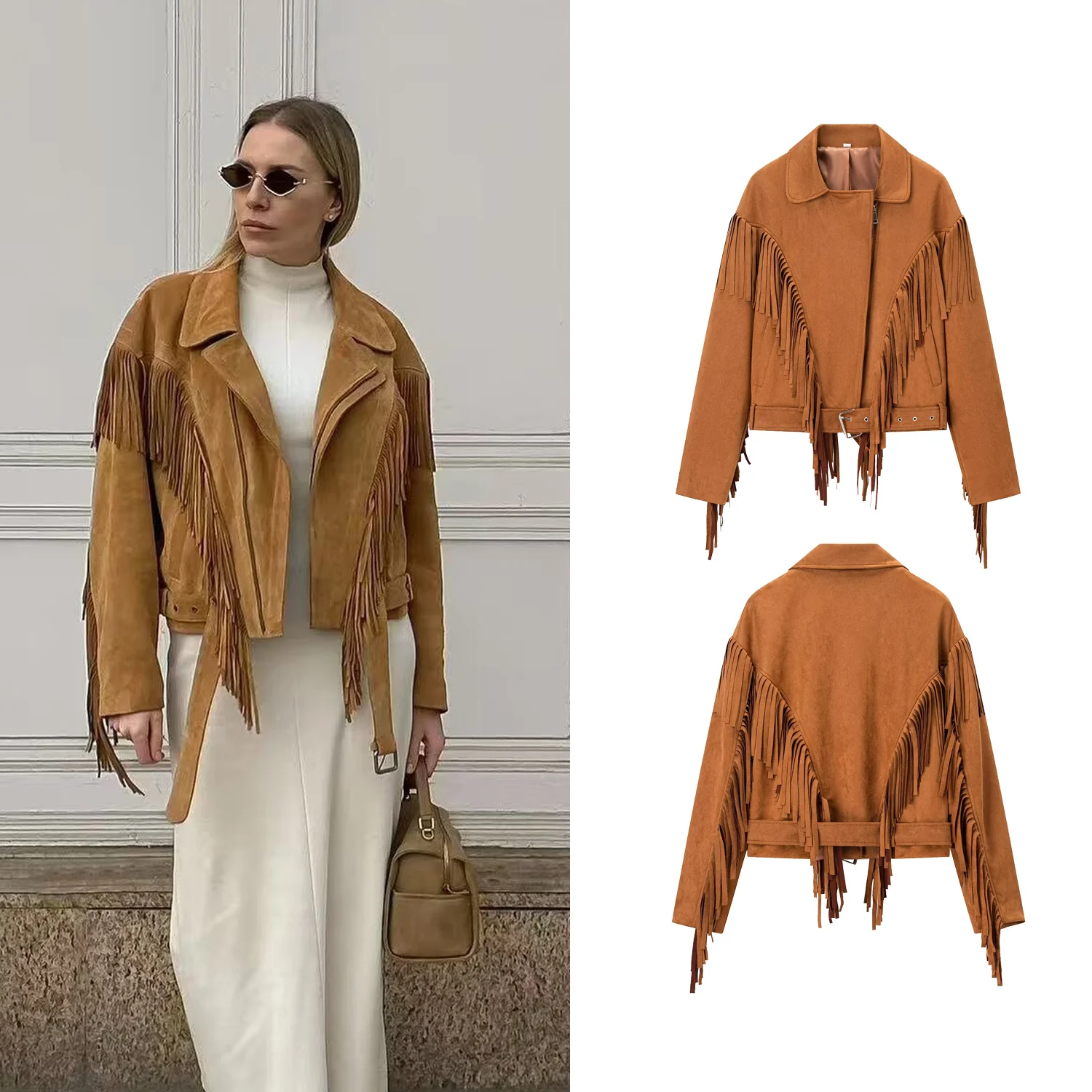 Chaqueta de motociclista de gamuza con borlas de otoño para mujer, abrigo corto de manga larga con cuello vuelto, prendas de vestir exteriores con cremallera de calle para mujer