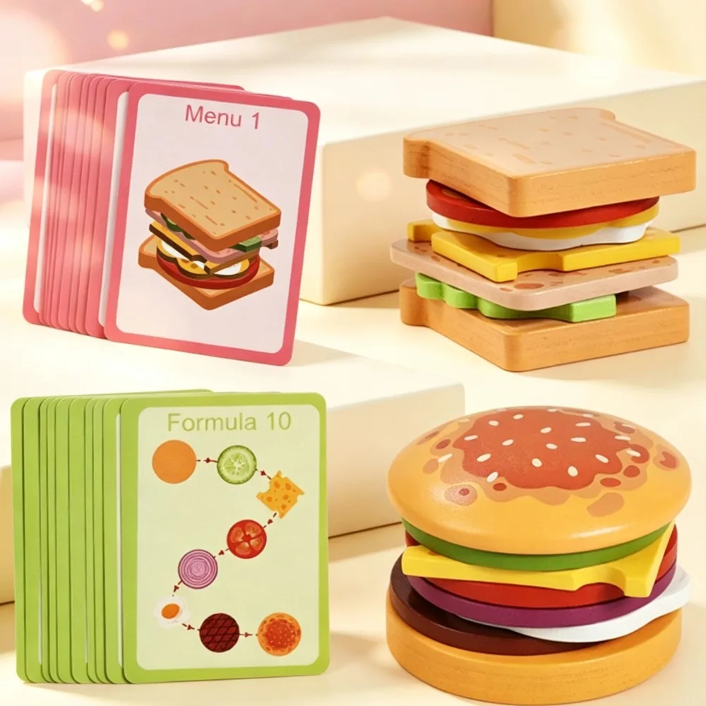 Wooden Hamburger Stacking Toy Pretend Play Food Set  Montessori Early Education Role Play Building Blocks Food Matching Toy