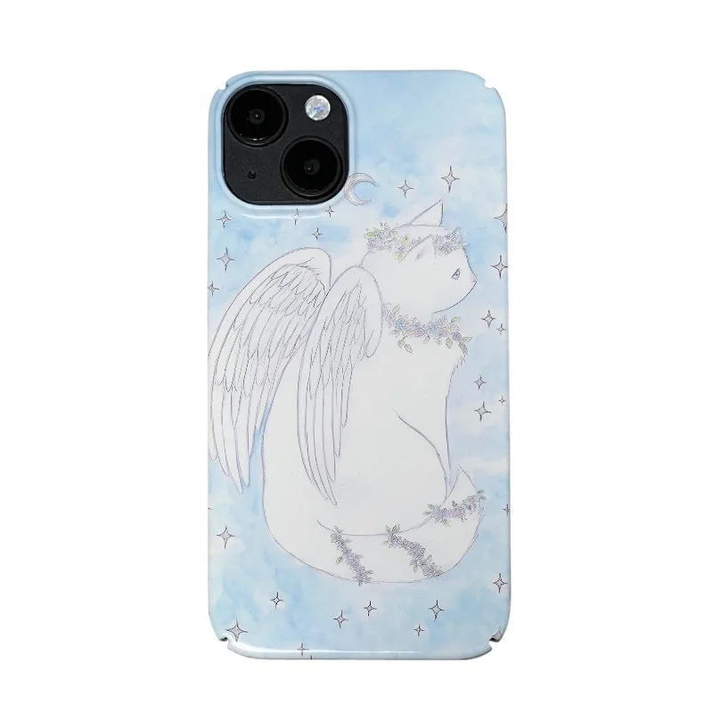 Ins Dream Angel Cat Blue Art Case for IPhone 15 14 13 Pro Max 12 11 Pro Plus XR XS MAX Shockproof Protective Hard Acrylic Cover