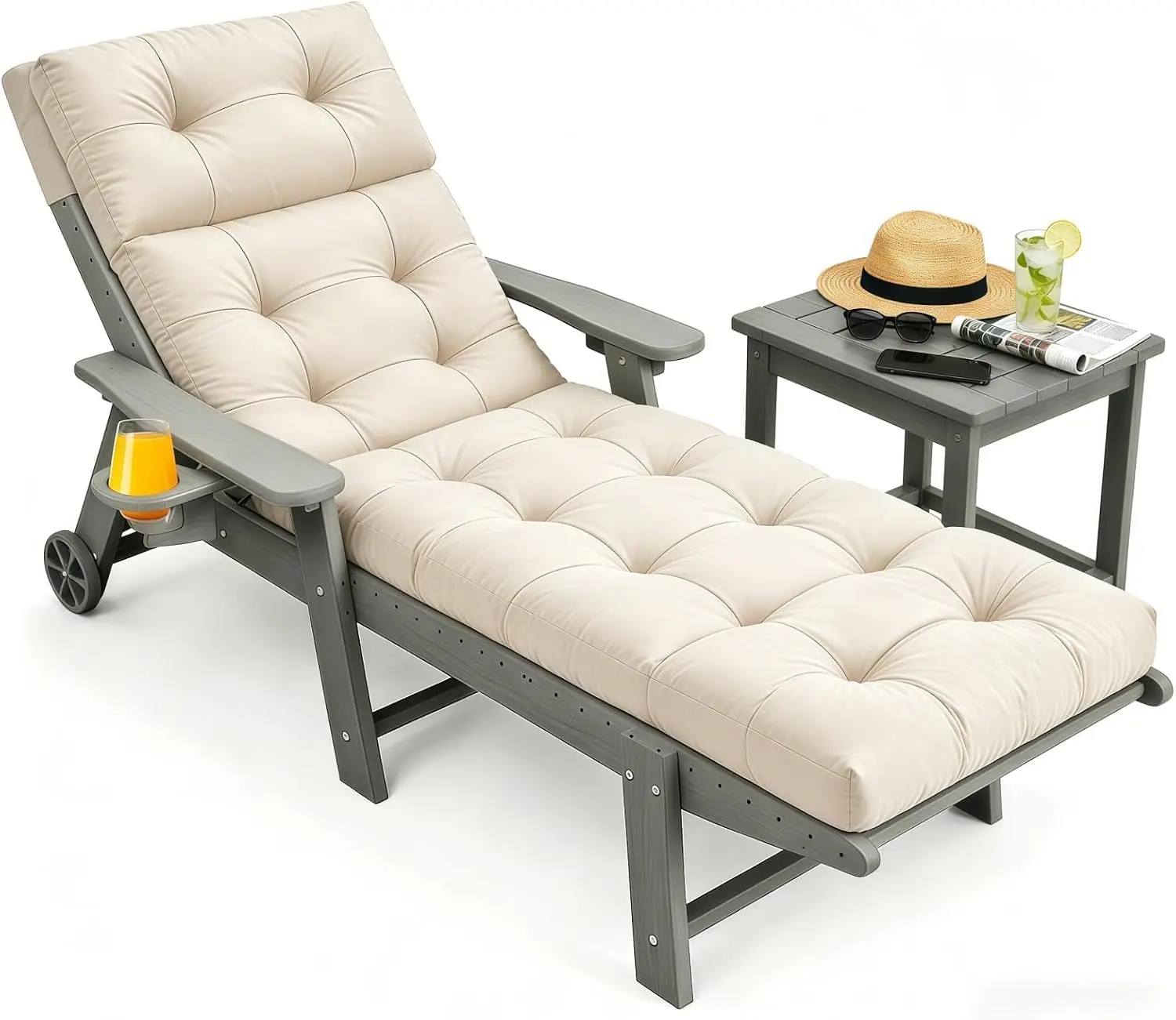 74.4x22in Patio Chaise Lounge Cushion with Ties, Thick Cotton Filled Recliner Pad for Poolside, Lawn & Garden, Cream (Cushion Only)
