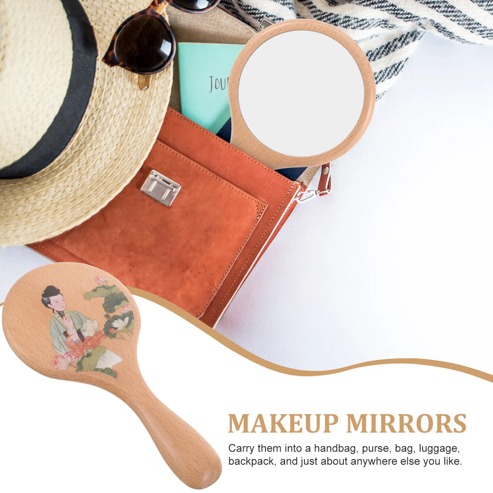 กระจกมือถือแบบพกพาทำจากไม้ กระจกขนาดเล็กน้ำหนักเบาสำหรับการเดินทาง ทริปธุรกิจ และการใช้งานในชีวิตประจำวัน กระจกมือถือสำหรับการเดินทาง