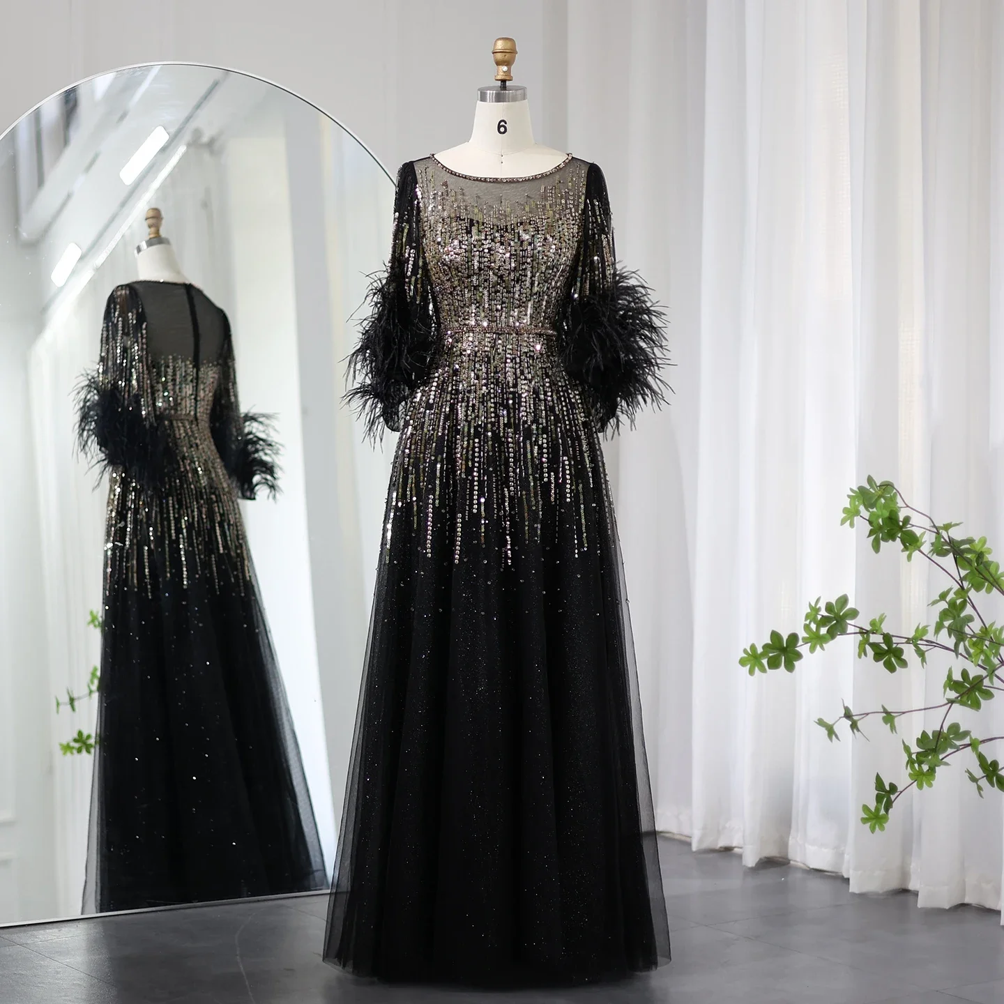 vestidos de fiesta Luxury Feathers Black Dubai Evening Dress for Women Fuchsia Arabic Half Sleeve Wedding Party Dress Customized