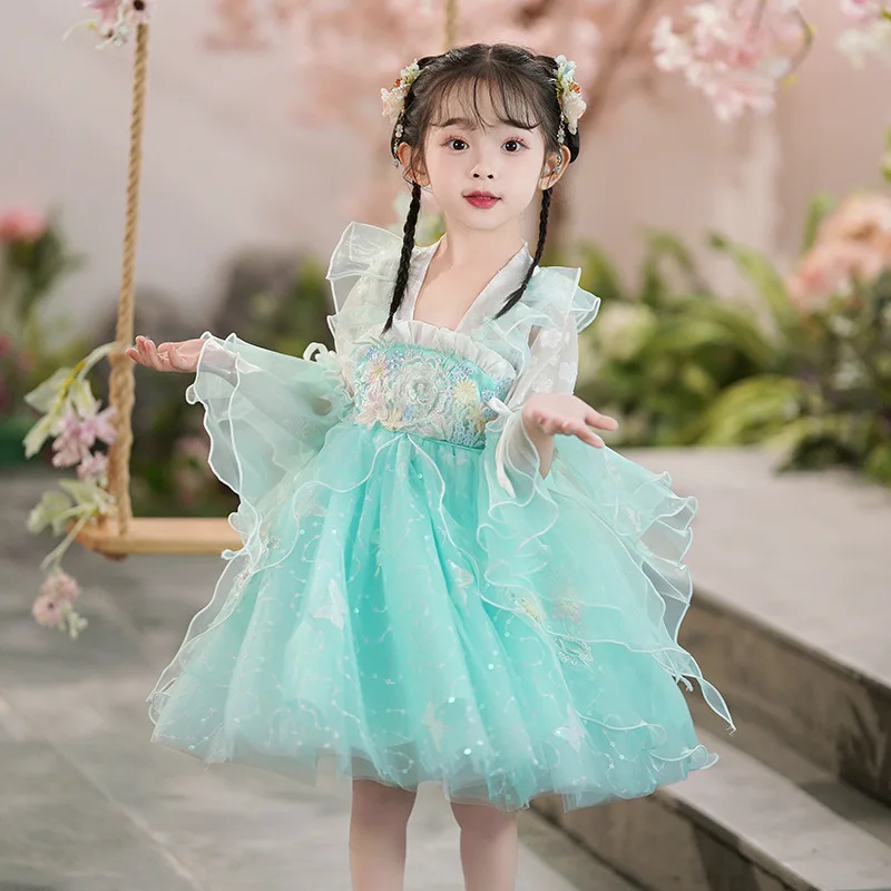 Hanfu Girls Ancient Clothes Party Dresses Summer Kids Chinese Style Super Immortal Children's Short Sleeve Tang Dress