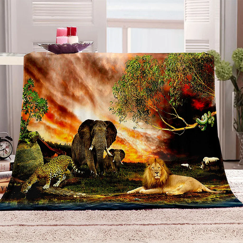 HUANZHUANG Throw Blanket For Bed Print Throw For Bed Double Couch Bed 3D Grassland Dwellers Elephant Lion Blanket For Bed, Sher