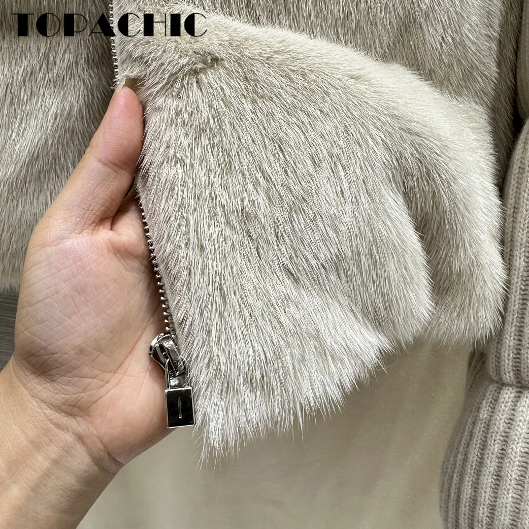 9.9 TOPACHIC-Women High Quality Mink Spliced Cashmere Knit Goose Down Keep Warm Down Jacket Hem Adjustable Drawstring Outerwear