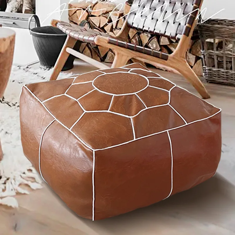 Moroccan Round PU Artificial Leather Seat Cover Unfilled Embroidered Pouf Cushion Living Room Decor Ottoma Futon Footstool Cover