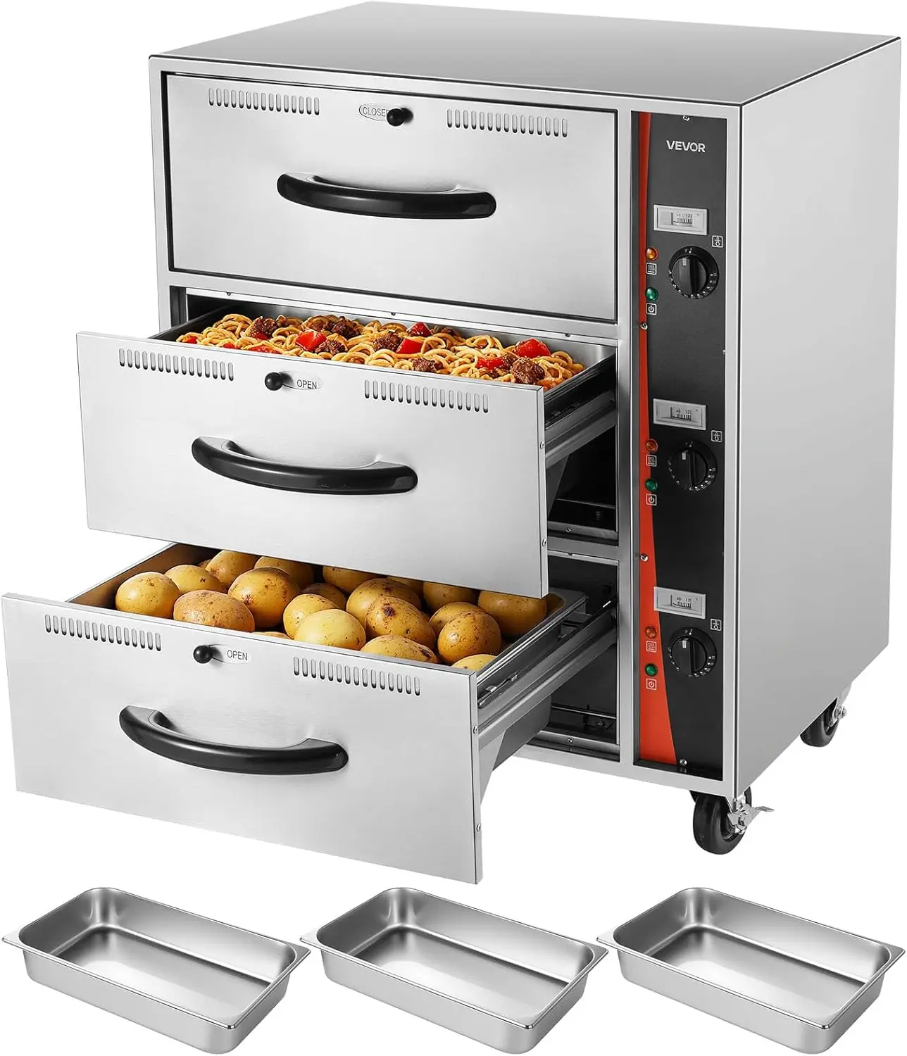 

Commercial Electric Drawer Warmer, Three-Drawer Stainless Steel Food Warmer, Freestanding Standard Warming Drawer Cabinet, 85°F–