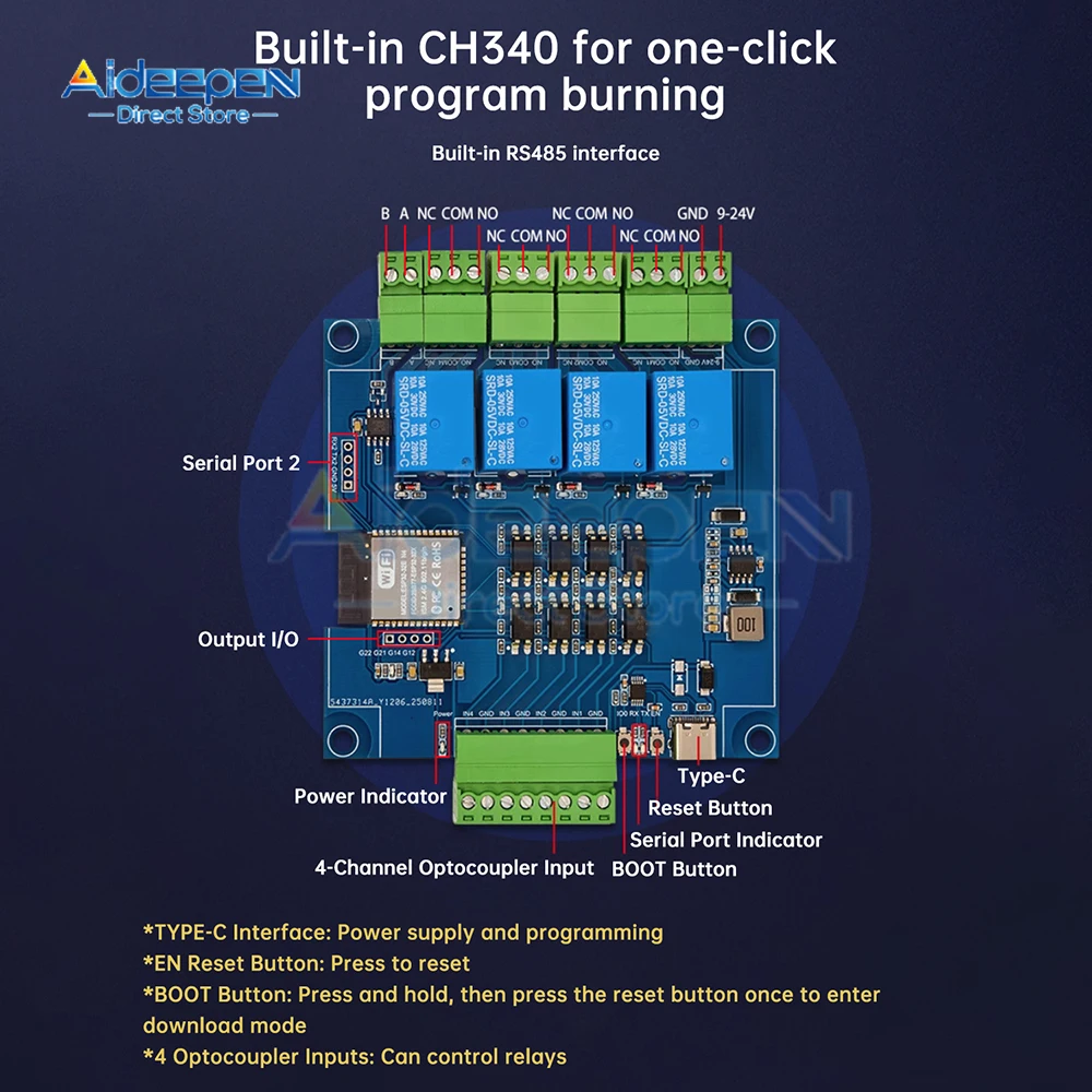 تيار مستمر 9-24 فولت ESP32 وحدة التتابع مع Modbus دعم 4/8 قناة Optocoupler عزل RS485 واي فاي بلوتوث لوحة تحكم صناعية