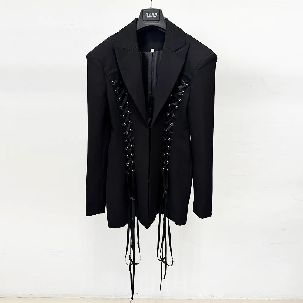 HIGH QUALITY Newest 2026 Designer Runway Jacket Women's Drawstring Tie Waist With Long Silhouette Blazer