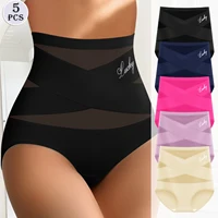Bragas de cintura alta para mujer, 5 uds., talla grande, ajuste de barriga, malla transpirable, levantamiento de cadera cruzado, bragas de seda helada sin rastro