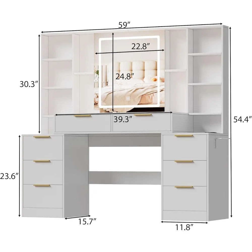 Large Makeup Vanity Desk with Lighted Mirror&Power Outlet,Vanity Desk Dresser Table Adjustable,Drawers,Shelves,Hair Dryer Stand