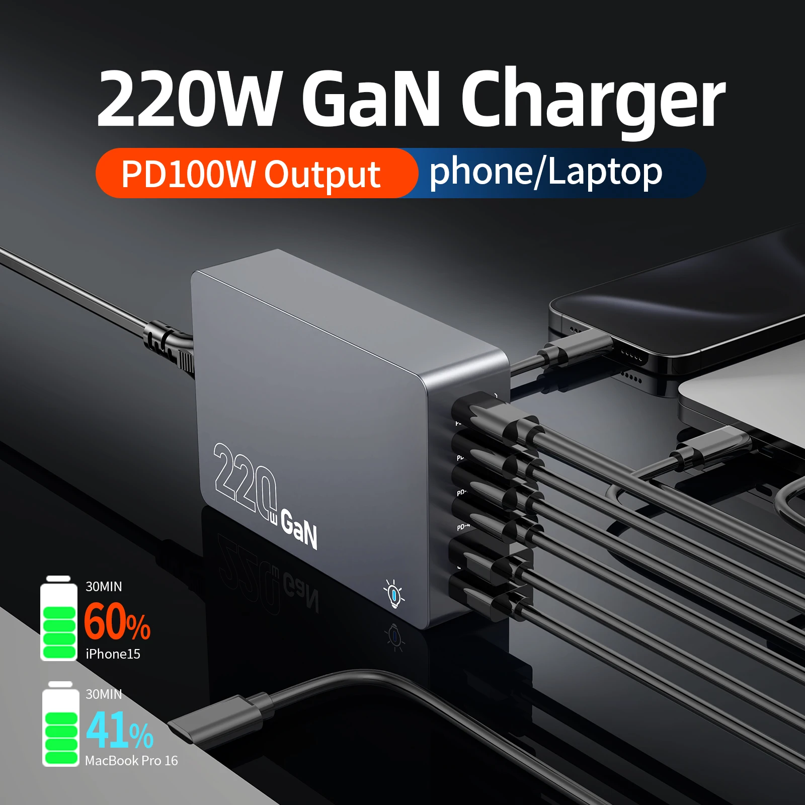 

220W USB C Charger Block, 6-Port GaN USB C Charging Station PD 100W PC Laptop Fast Charger Adapter Compatible with iPhone 16 F8A