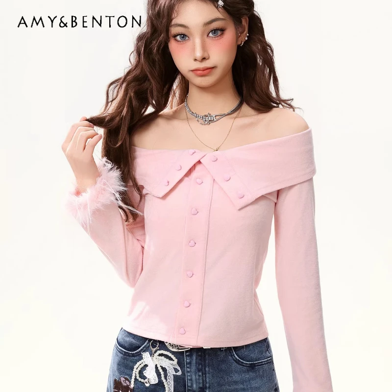 

2026 Spring Autumn New Sweet Heart Button Off-Shoulder Women's Tops American Disign Casual Furry Long Sleeve T-Shirts Ladies