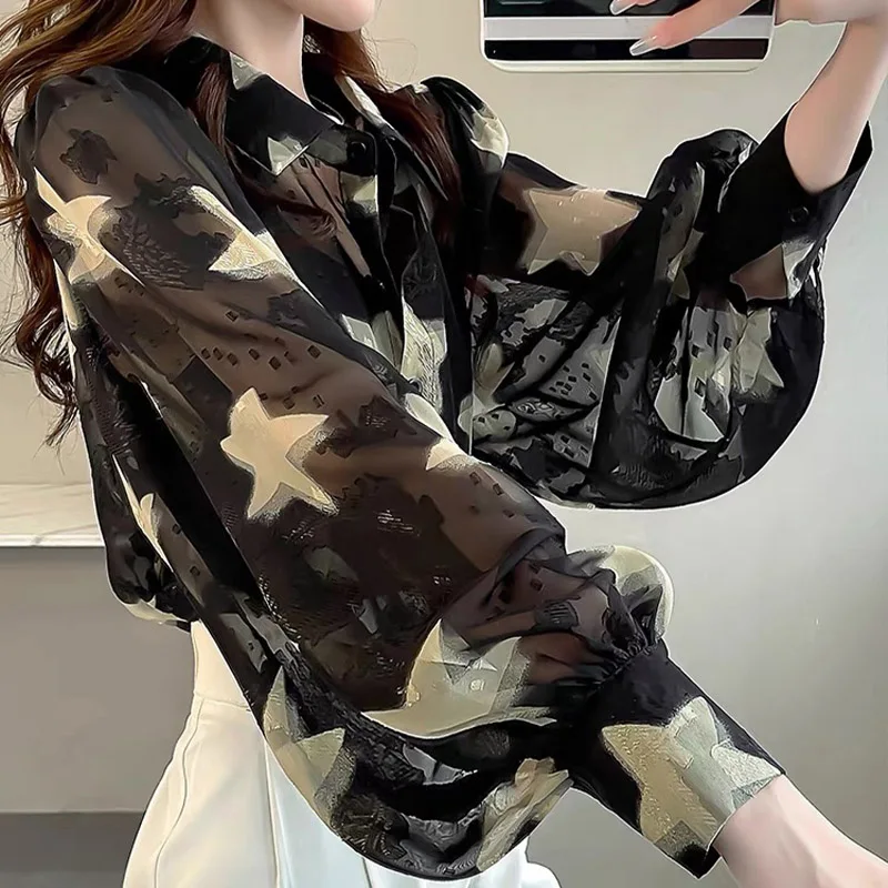 Spring Summer New Fashion Little Star Print Shirts Women Elegant Chic Polo-neck Lantern Sleeve Blouses Casual Loose Chiffon Tops