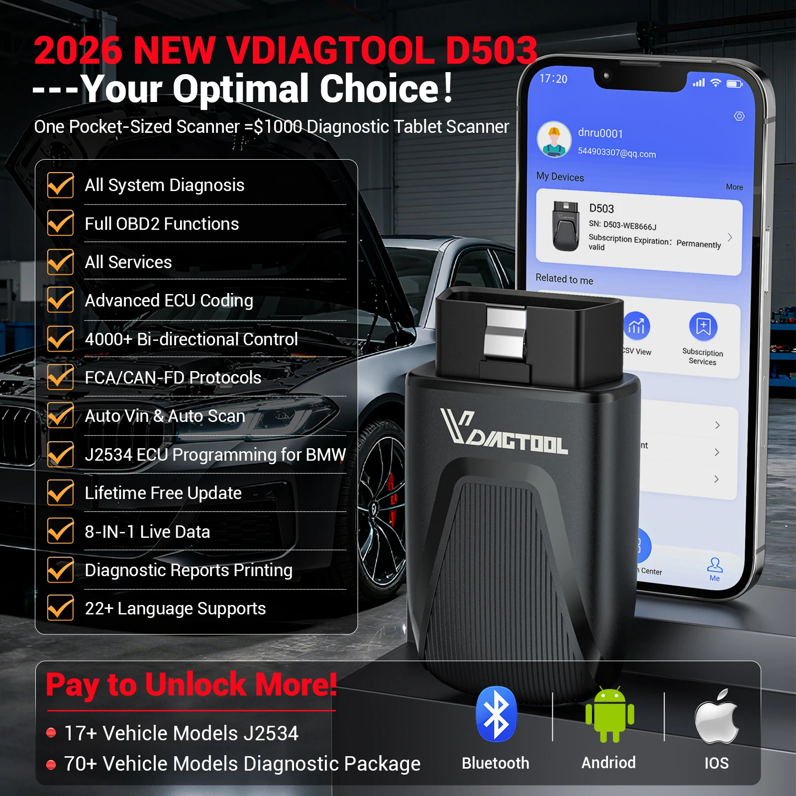VDIAGTOOL D503 for BMW/Mini/Rolls-Royce OBD2 Scanner J2534 Programming Car Diagnostic 27+Reset Active Test Lifetime Free Update