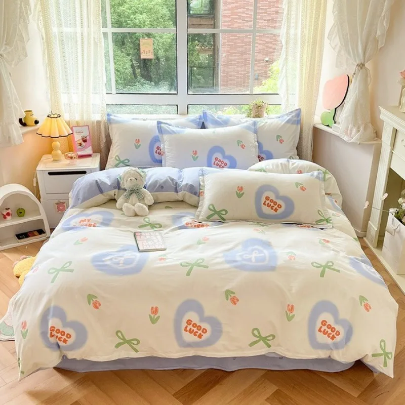 Cartoon 100% Cotton Bedding Set Duvet Cover with 2pc Pillowcase for Kids, Adult Single Double Bed Quilt Cover Sets Flower Print