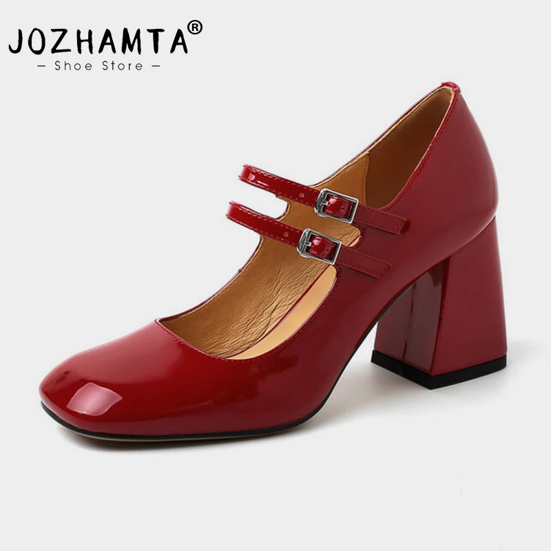 JOZHAMTA Size 34-39 Women High Heels Pumps Shoes 2025 Ins Sweet Bow Square Toe Chunky Heel Buckle Strap Office Lady Bridal Dress