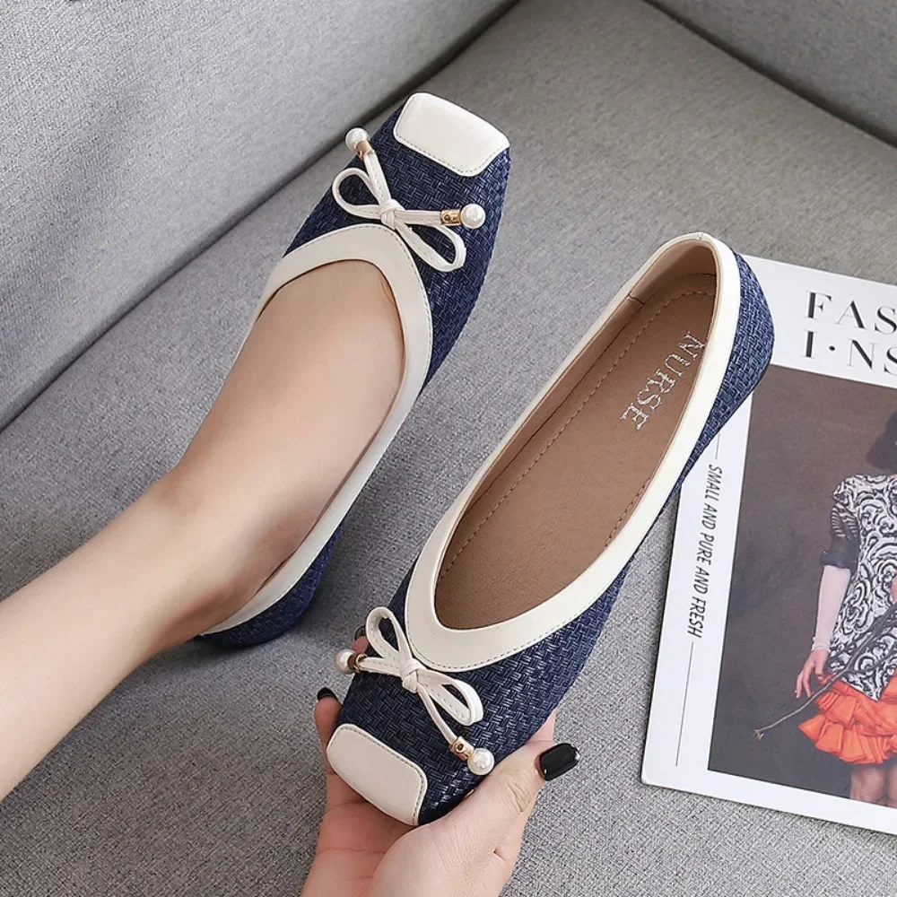 Women Flat Shoes Large Size Women\'s Shoes 43 44 Flat Sole Single Shoes Women 2024 New Blue Bow Shallow Mouth Square Toe Flats