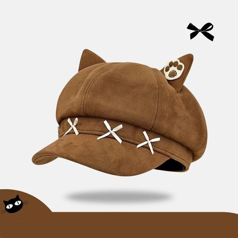 Vintage Cat Ear Newsboy Cap Cross Ribbon Baker Boy Hat Harajuku Kawaii Cat Paw Autumn Winter Peaked Beret Photo Prop Streetwear