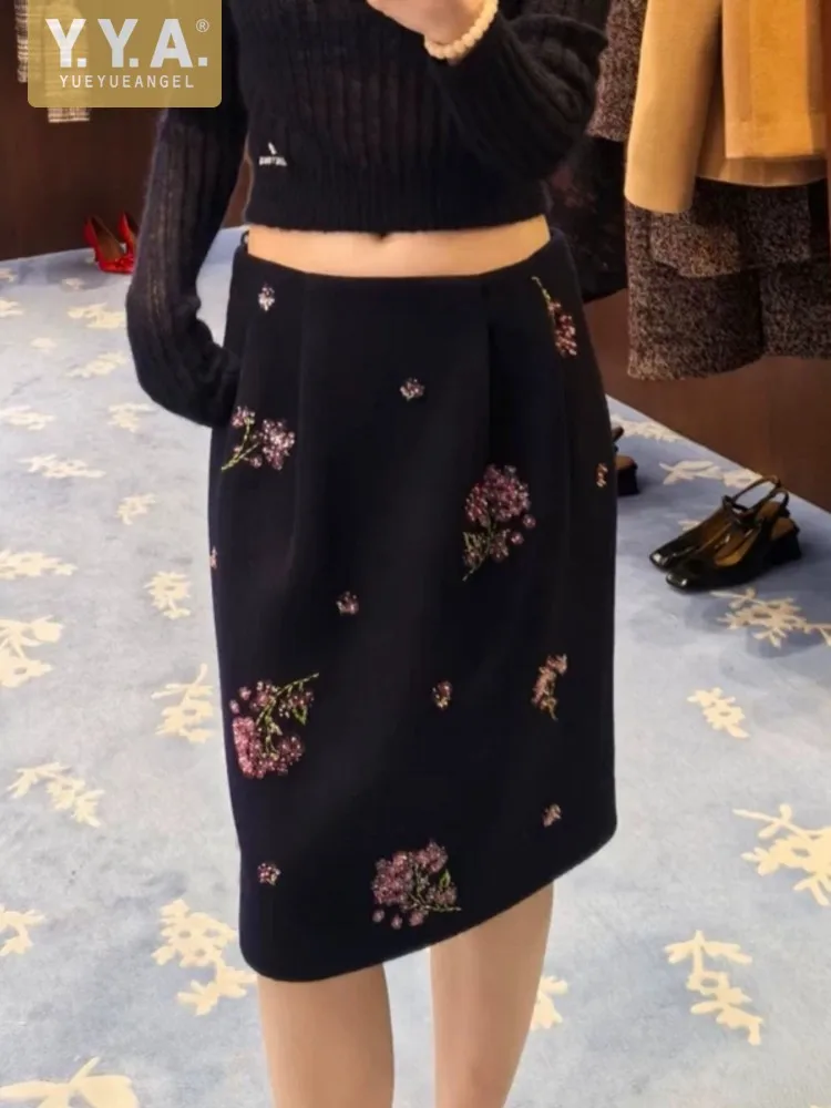 Autumn Winter Fashion Elegant Women Beading Flowers Rear Zipper High Waist Straight Skirt Office Ladies Work Knee Length Skirts