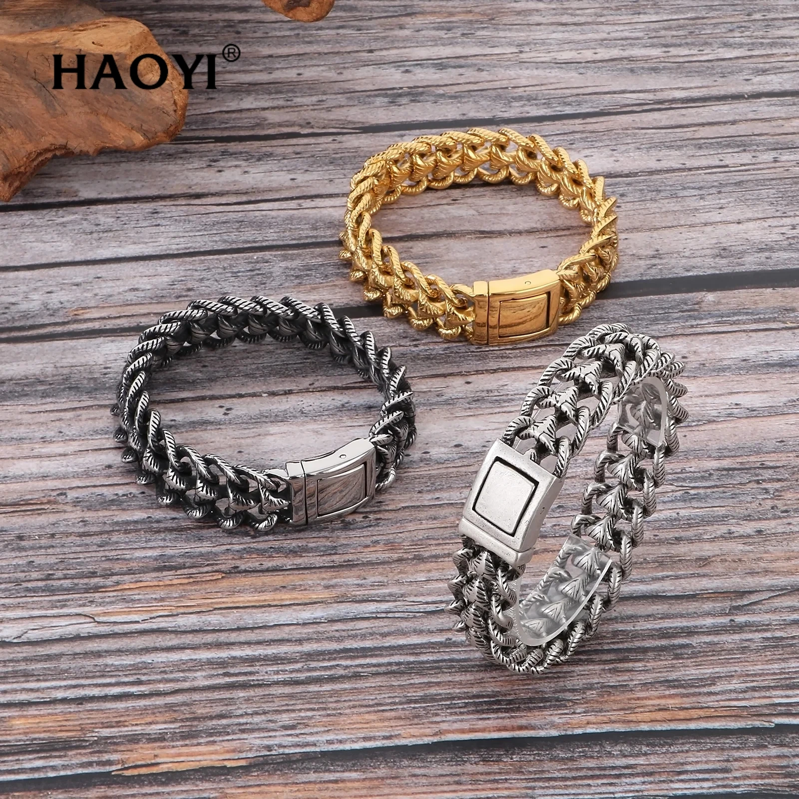 HAOYI 22cm Snake Bracelets For Men Gold Color Stainless Steel Twisted Chain Viking Wrist Male Bangles Pulseras Jewelry Gifts