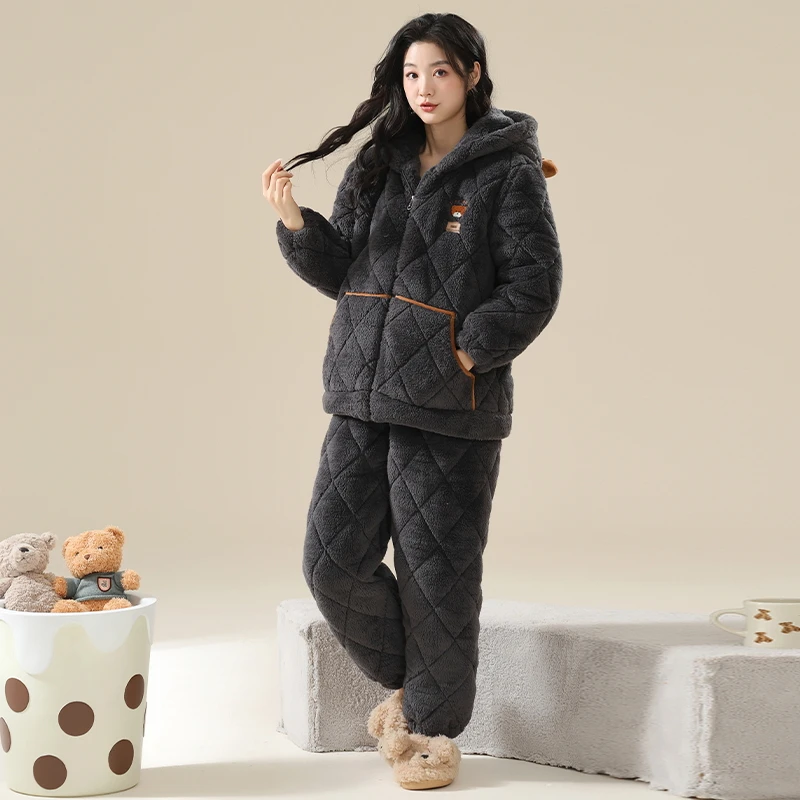 Winter Women Pajamas Set 3 Layer Clip Cotton Pijama Female Thick Warm Hooded Sleepwear