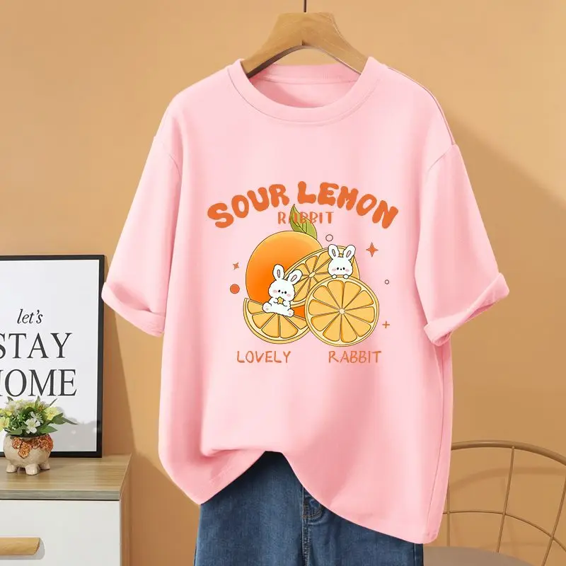 

Summer O-neck Cartoon Printed Pullovers, 100% Cotton Vintage Basic Top Tee, Women Clothing Casual Loose Short Sleeve T-shirt