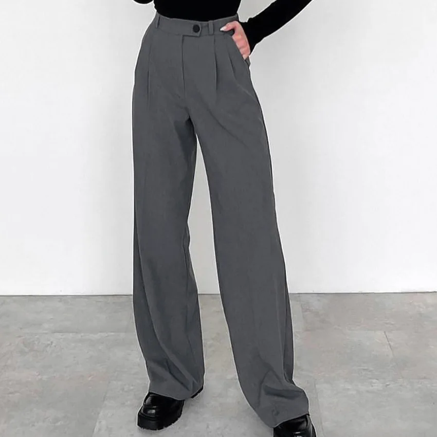 

Gray High Waist Pants Office Lady Euro-America Style New Style Autumn Fashion Simple All-match Pleated Pants