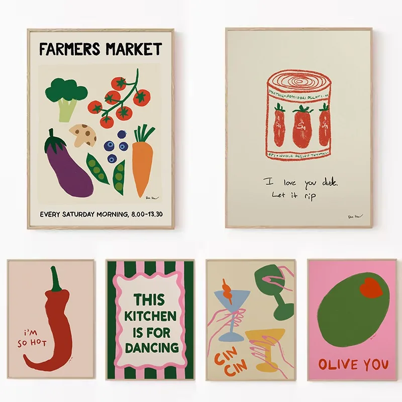 1pc frameless Canvas Painting Retro Kitchen Quotes Food Chef Cocktail Tinned Tomato Illustration Aesthetic Poster Canvas Paintin