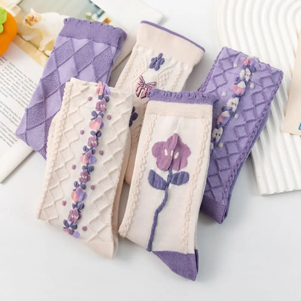 5Pairs Streetwear Purple Series Floral Tube Socks Flower Harajuku Girls Mid-calf Socks Bowknot Hosiery Sweet Sock Women Female