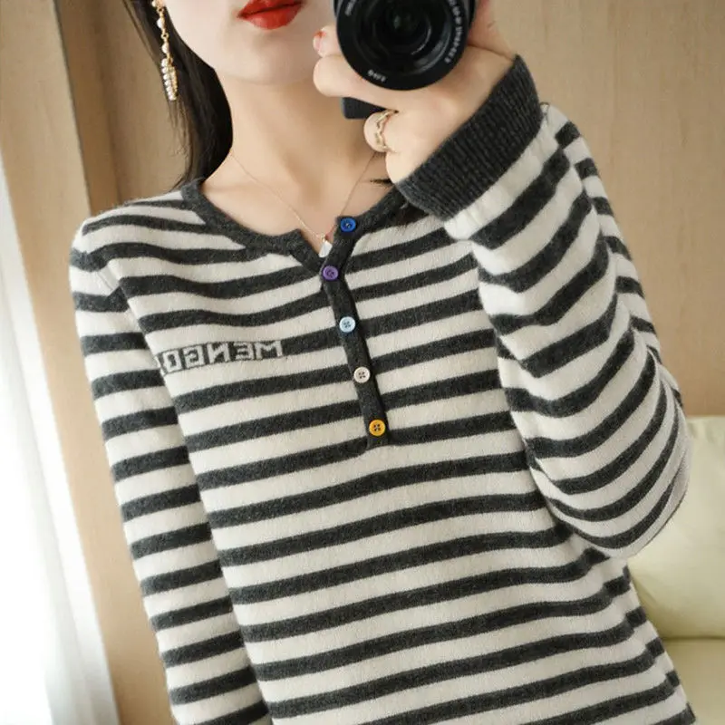 Women's Crew Neck Pullover Striped Letter Button Long Sleeve Screw Thread Sweater Knitted Casual Elegant Contrast Color Tops