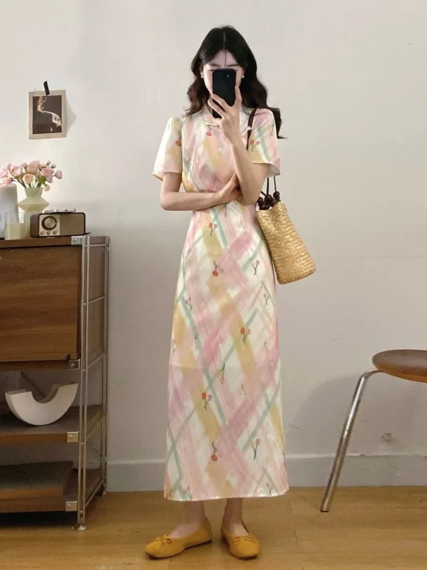 

plus Size Retro Chinese Style Stand Collar Short Sleeve Qipao Dress Women Summer New Waist Cinched Floral A-Line Dress