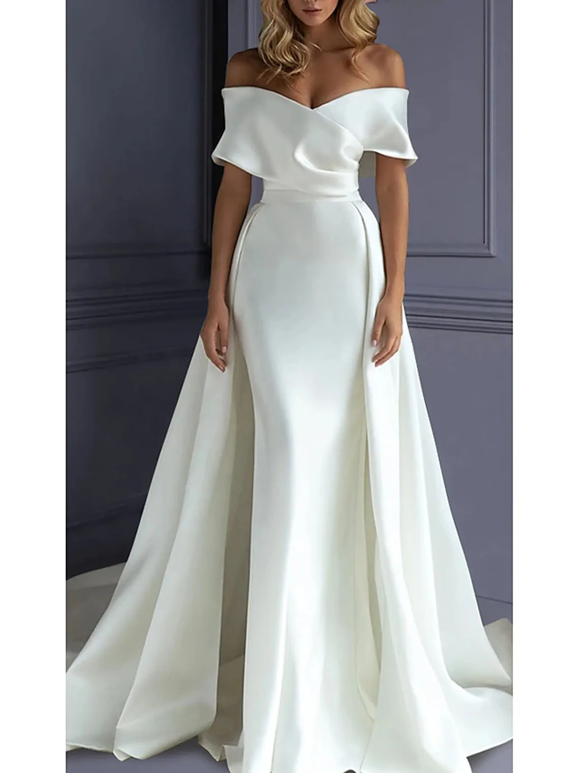 

Elegant Mermaid Off Shoulder Sleeveless Wedding Dress Satin Brush Train Solid Color Beach Bridal Gown 2025 free customized