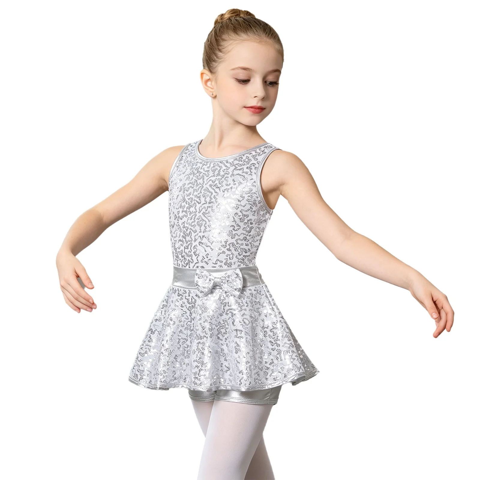 

Girls Jazz Modern Dance Dress Leotard Ballet Gymnastics Figure Skating Costume Halter Sleeveless Shiny Sequin Shorty Unitards