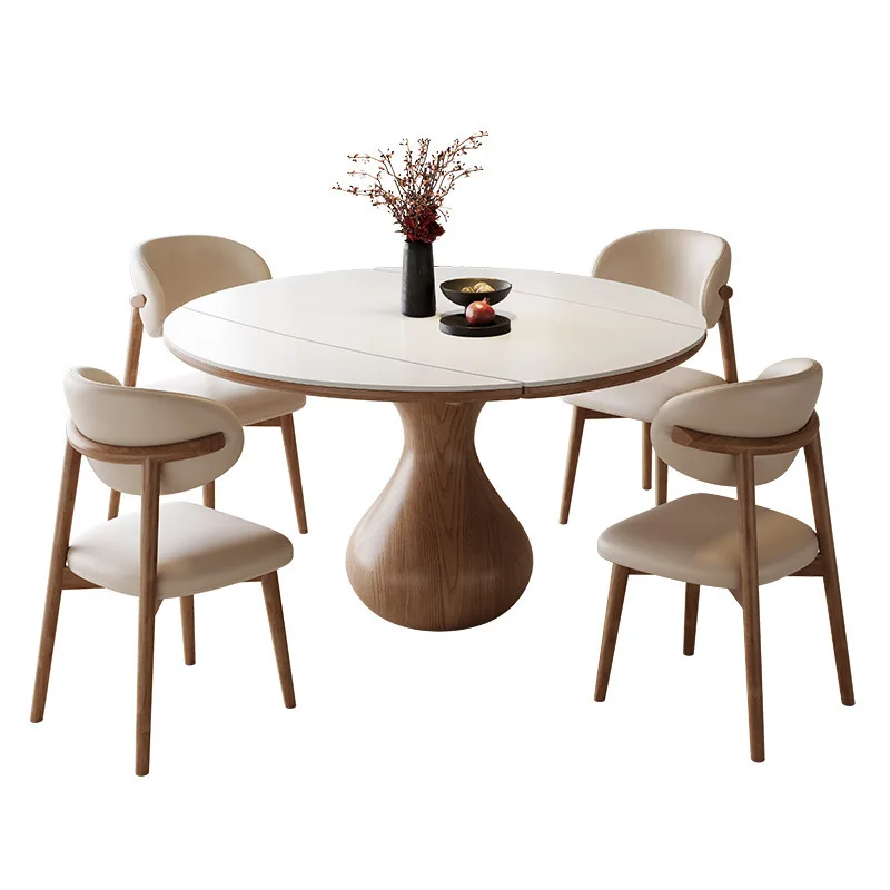 Medieval rock slab solid wood dining table and chairs, retractable folding dining table variable round table