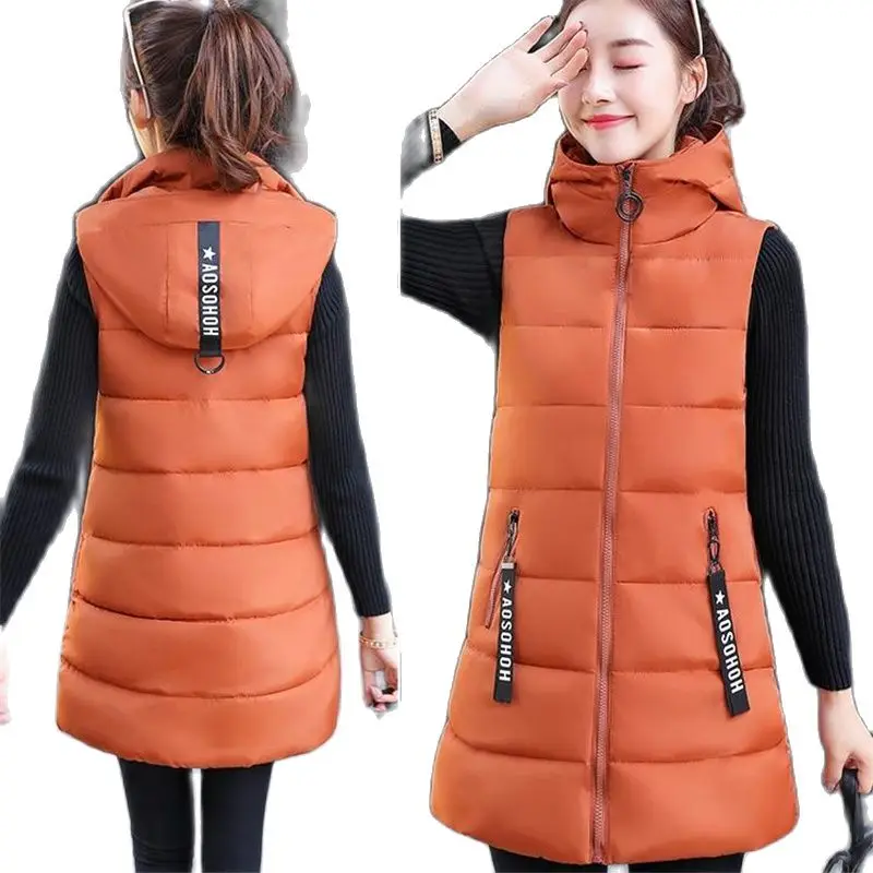 Long Vests Autumn Winter Women Waistcoat Female Sleeveless Jacket Hooded Warm Thicken Cotton Student Coats  Casacas Para Mujer