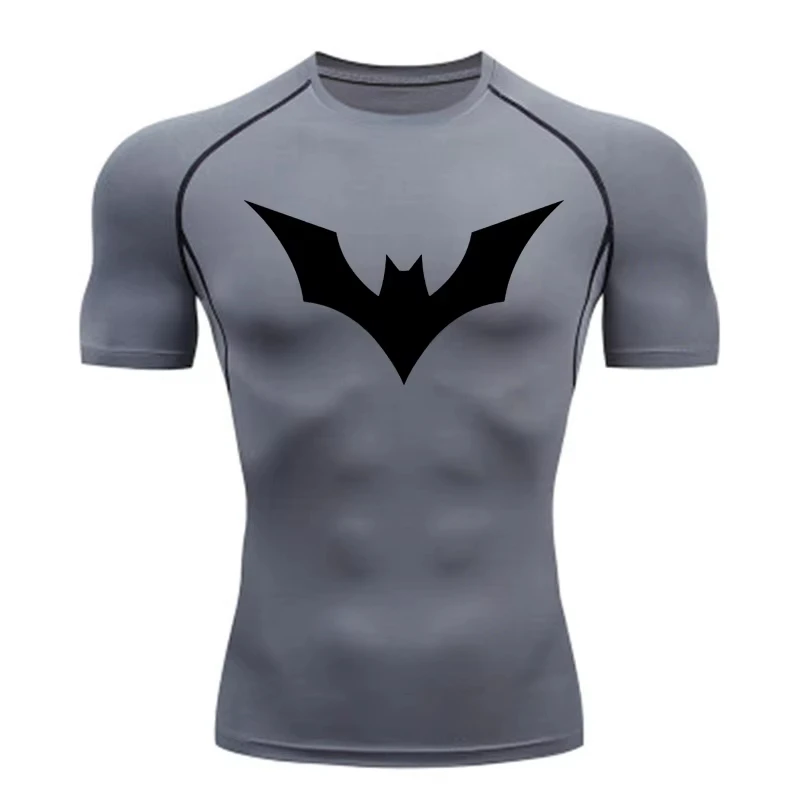 Men's Bat Print Compression Shirt, Quick Dry T-Shirt, Gym Running Jersey, Breathable Short Sleeve, Spring, Summer JW101