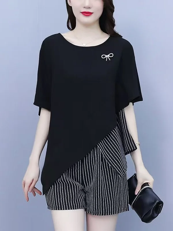 

plus Size Short Sleeve Outfit Korean Style Loose Splice Belly Covering Two-Piece Set Fashionable Slimming Summer New Arrival