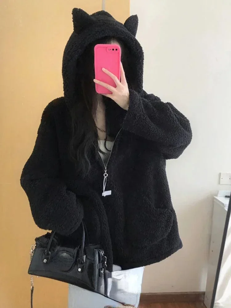 Vintage Black Hooded Loose Casual Jacket Streetwear Fashion Fluffy Pocket All Match Coats Y2k Aesthetic Grunge Women Zipper Top