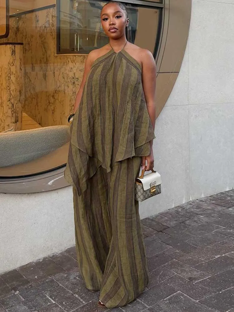 Daily Wear Summer 2 Piece Sets Women Outfit Halter Top and Long Pants Olive Green Pants Set
