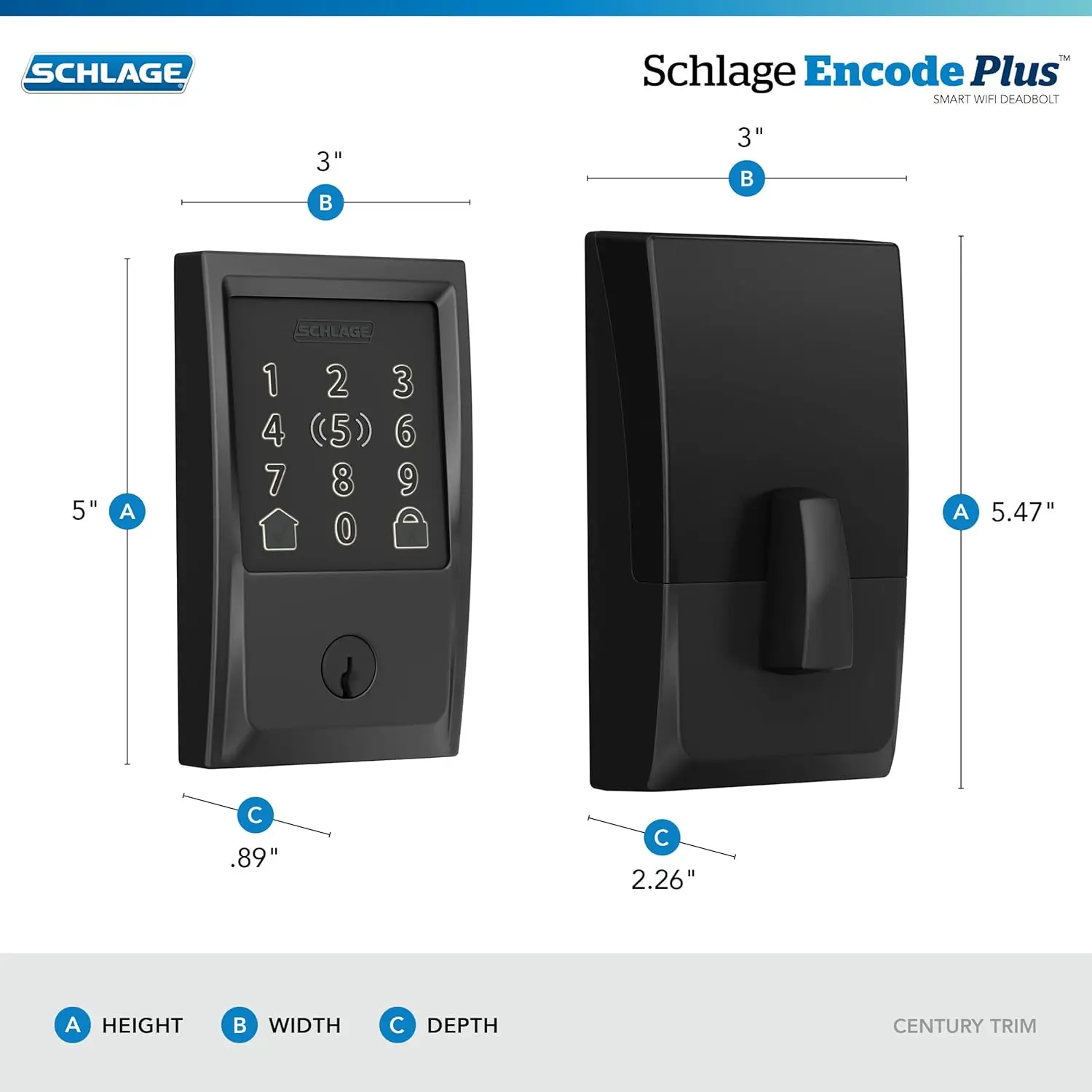 BE499WB CEN 622 Encode Plus-Serrure de porte intelligente à pêne dormant, avec Wi-Fi, écran tactile à entrée sans clé et garniture Century, 256 noir