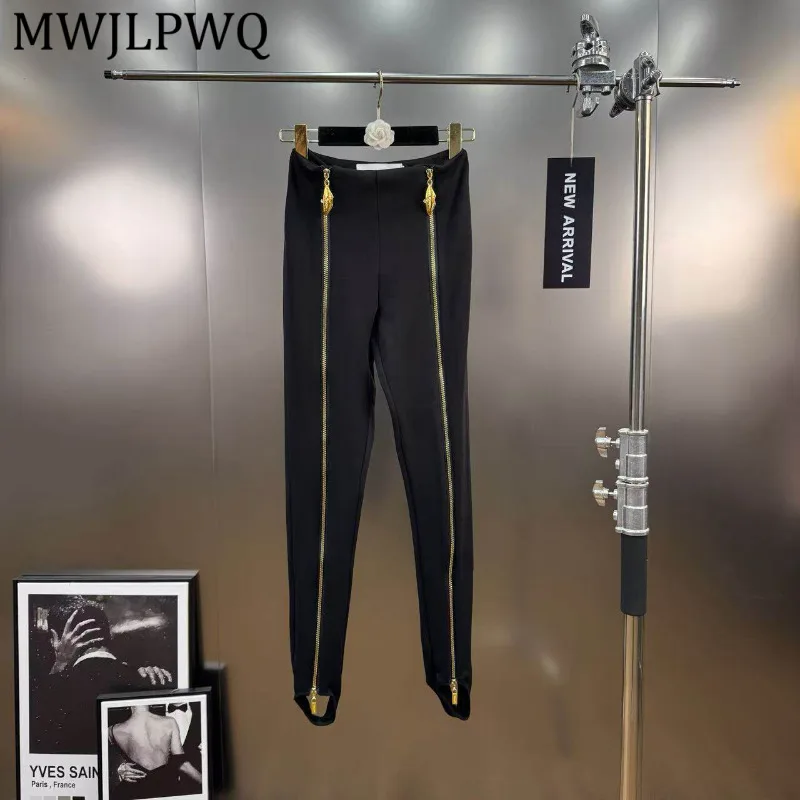 

MWJLPWQ Unisex Black Slim Fit Pants Gold Tone Full Length Zippers High Waist Elastic Waistband Casual Streetwear Trousers 15611