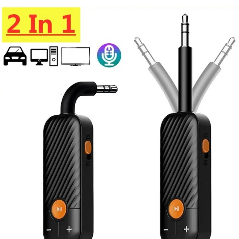 2 in 1 Wireless Bluetooth 5.2 Transmitter Receiver Chargable Audio Adapter For TV PC Car Speaker 3.5mm AUX Hifi Music with Mic 