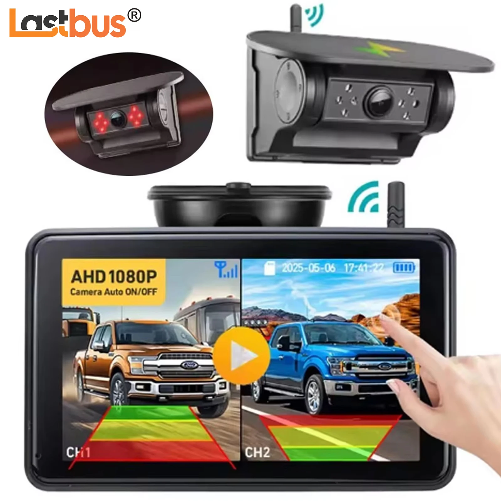 

Lastbus 7'' Touch Screen DVR Quad Monitor BSD + Magnetic Solar Charging Wireless DVR Camera For Truck Camper Caravan Rv Trailer