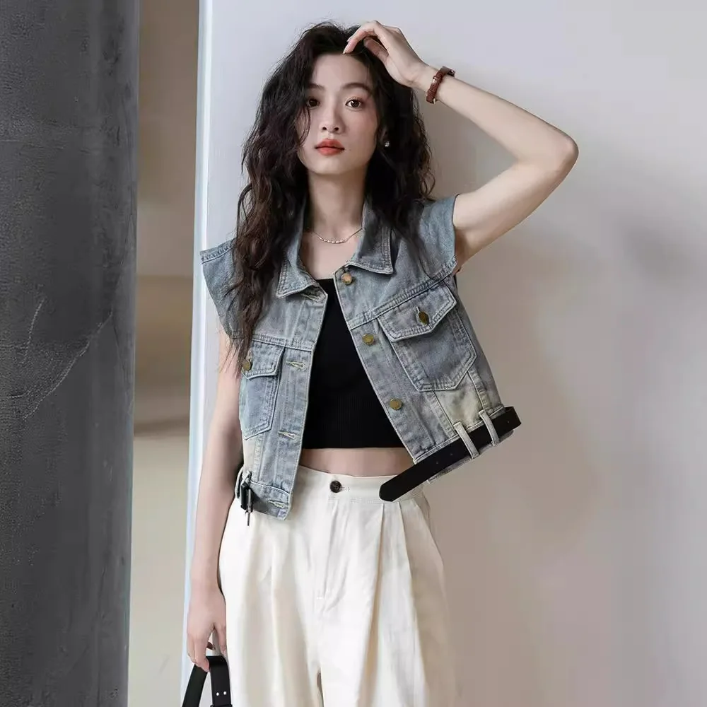 

Женский джинсовый жилет ort Sle Summer Autumn Faion Vintage Loose Fit oulder Pad Sve Верхняя одежда Топ