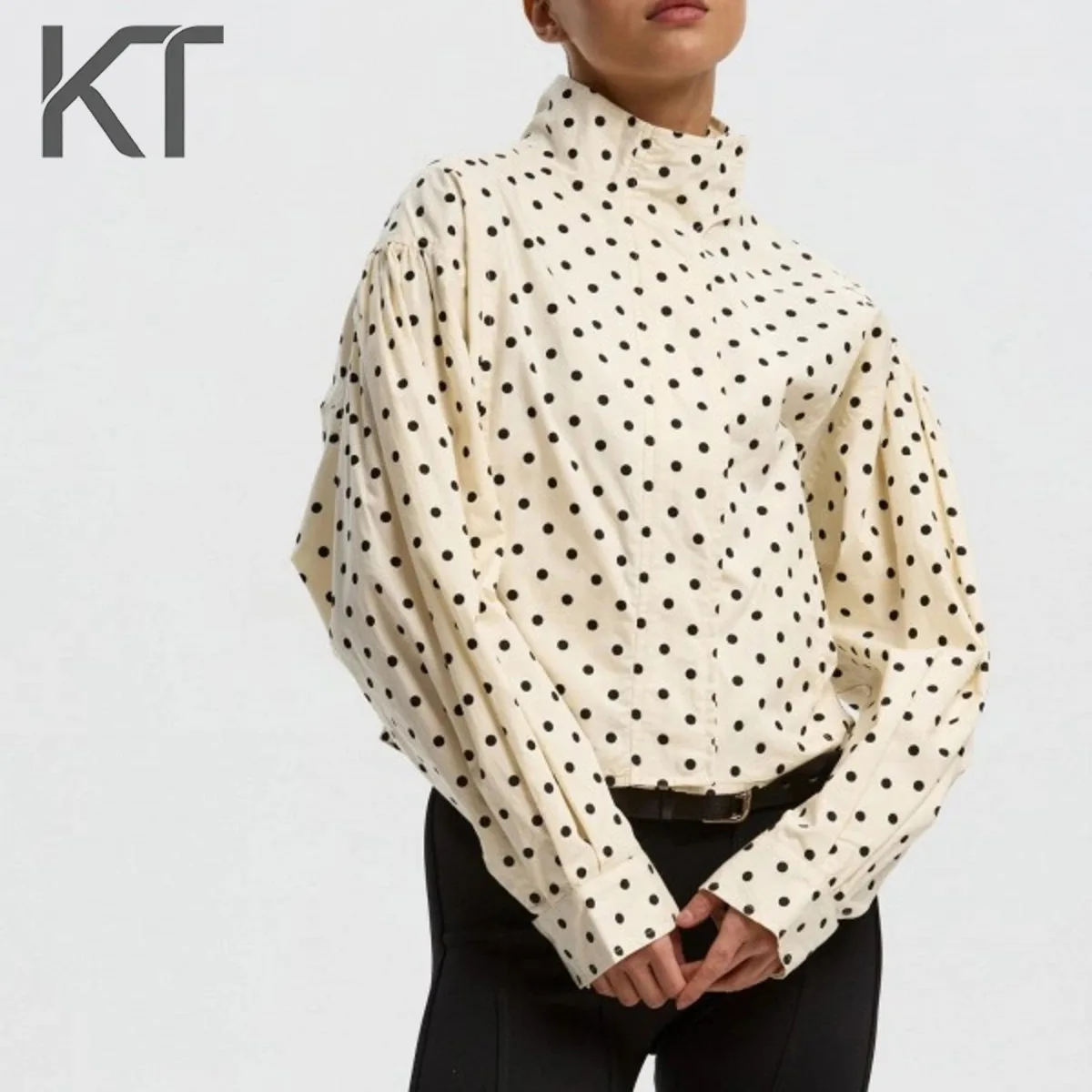 Veste bomber élégante vintage à pois surdimensionnée pour femmes, manches bouffantes, fermeture écla