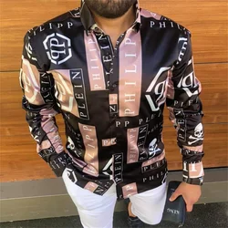 Men's Spring and Fall Fashion Casual High Street Style Digital Print Lightweight Breathable Slim  Lapel Long-Sleeved shirt